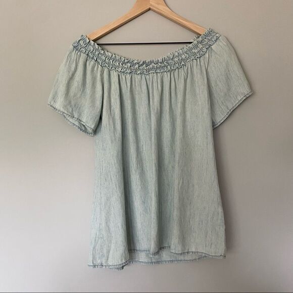 Michael Stars Small Chambray Short Sleeve Off Shoulder Chambray Top Shirt - Picture 3 of 8